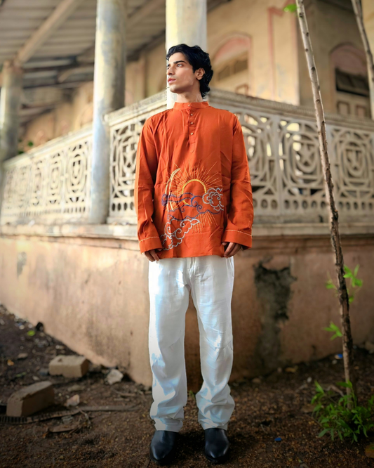 Sun & Moon Hand-Embroidered Rust Kurta – Artisan Cotton Kurta for Men | Ramana – Threads of Purity