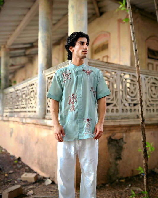 Sky Blue Warli Hand-Embroidered Shirt – Artisan Cotton Unisex Shirt | Ramana – Threads of Purity