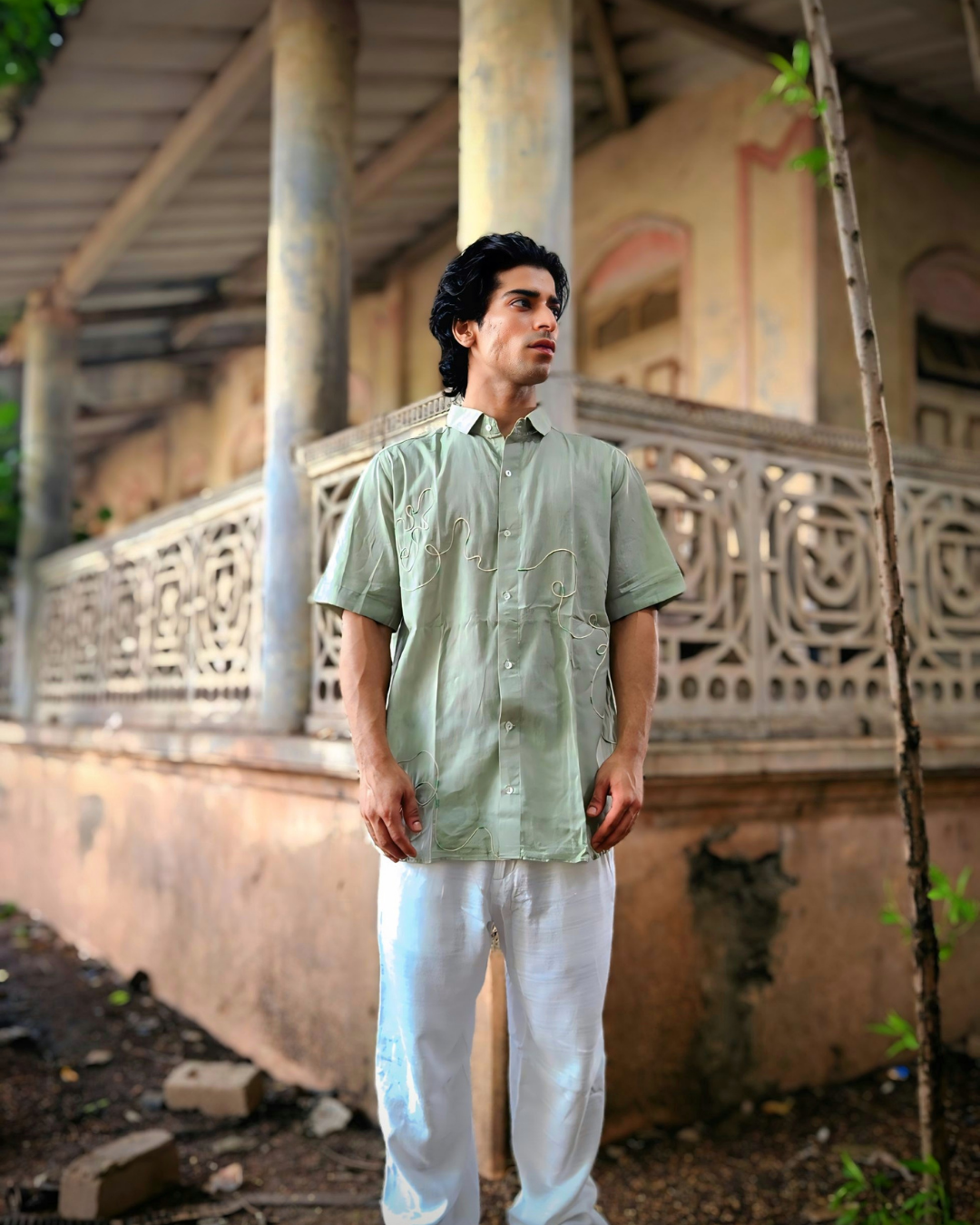 Sage Green Abstract Hand-Cord Embellished Shirt – Premium Cotton Men & Unisex Shirt | Ramana – Threads of Purity