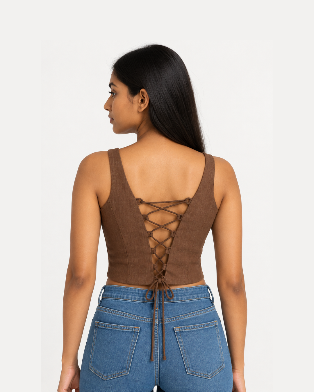 Earthy Brown Lace-Up Corset Top for Women | Ramana Threads of Purity