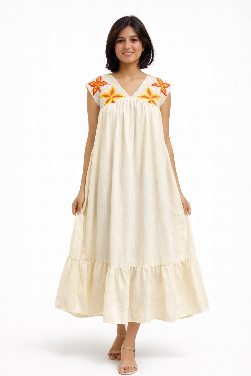 Ramana Handcrafted Khadi Cotton Embroidered Maxi Dress for Women | Ivory Bloom