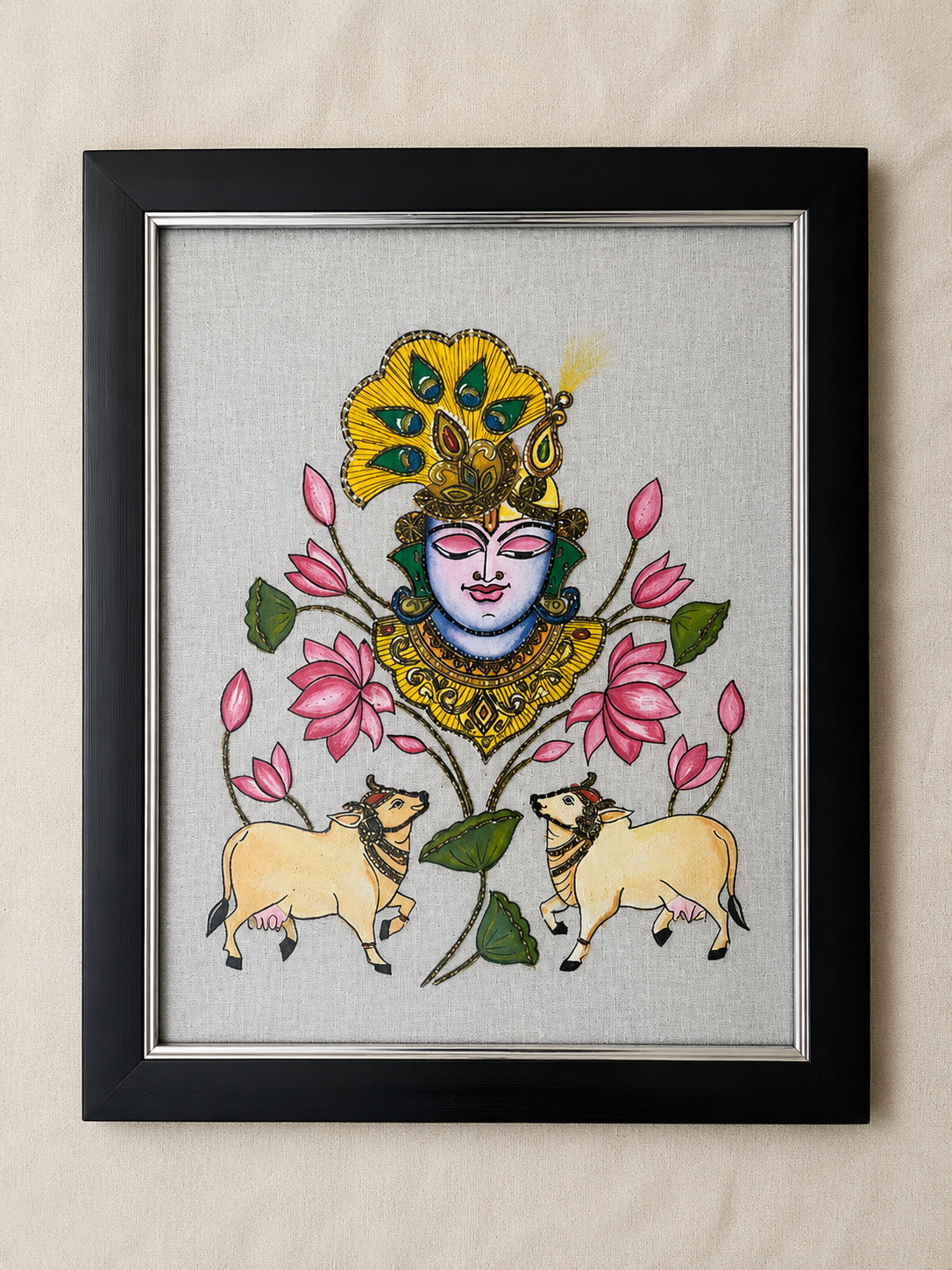 Lotus Krishna – Handcrafted Embroidered & Hand-Painted Textile Wall Art | Ramana Threads of Purity