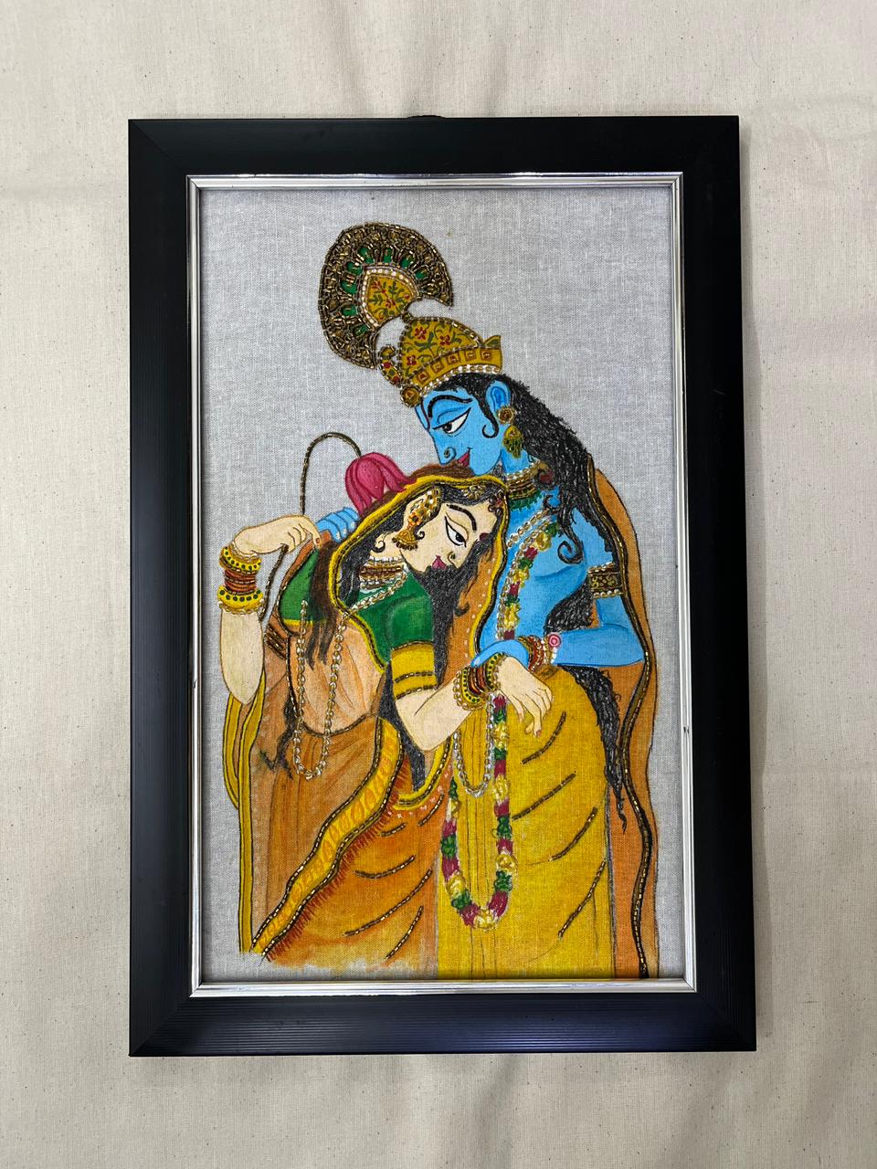 Divine Embrace – Handcrafted Radha Krishna Embroidered Textile Art | Ramana Threads of Purity