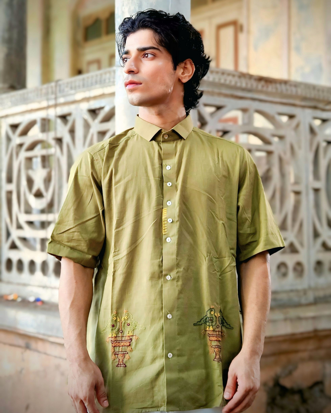 Olive Green Hand-Embroidered Love Birds Shirt – Unisex Cotton Oversized Shirt | Ramana – Threads of Purity