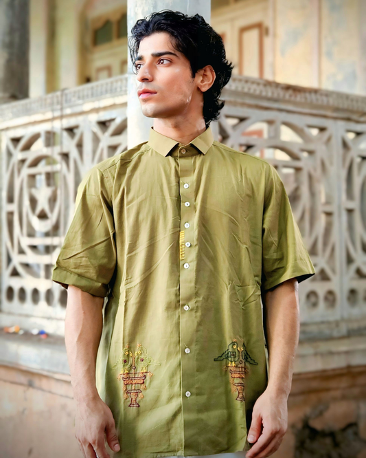 Olive Green Hand-Embroidered Love Birds Shirt – Unisex Cotton Oversized Shirt | Ramana – Threads of Purity