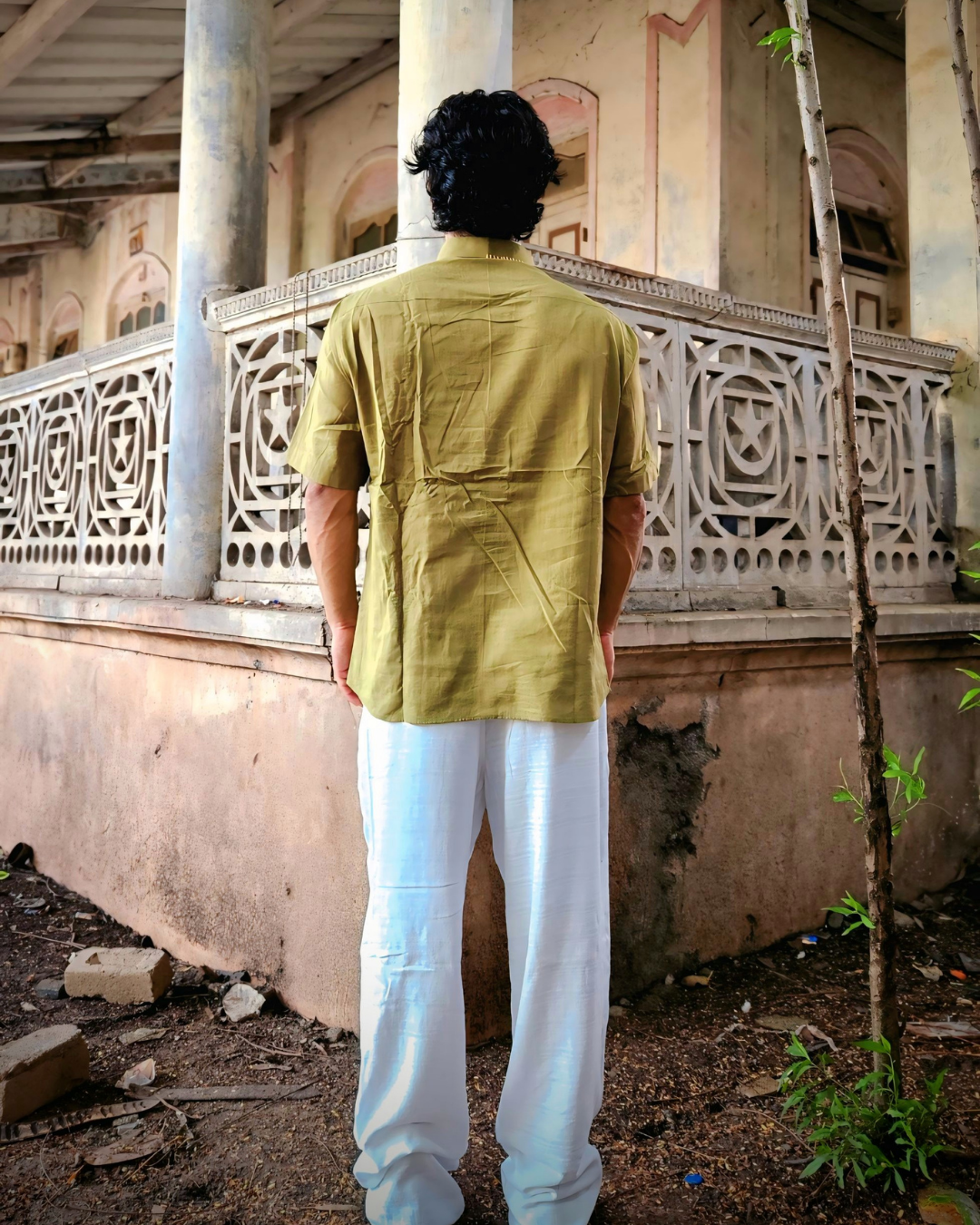 Olive Green Hand-Embroidered Love Birds Shirt – Unisex Cotton Oversized Shirt | Ramana – Threads of Purity