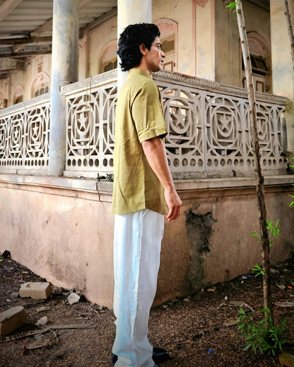 Olive Green Hand-Embroidered Love Birds Shirt – Unisex Cotton Oversized Shirt | Ramana – Threads of Purity
