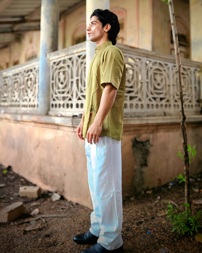 Olive Green Hand-Embroidered Love Birds Shirt – Unisex Cotton Oversized Shirt | Ramana – Threads of Purity