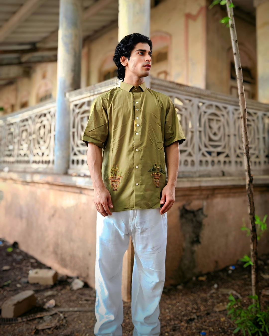 Olive Green Hand-Embroidered Love Birds Shirt – Unisex Cotton Oversized Shirt | Ramana – Threads of Purity