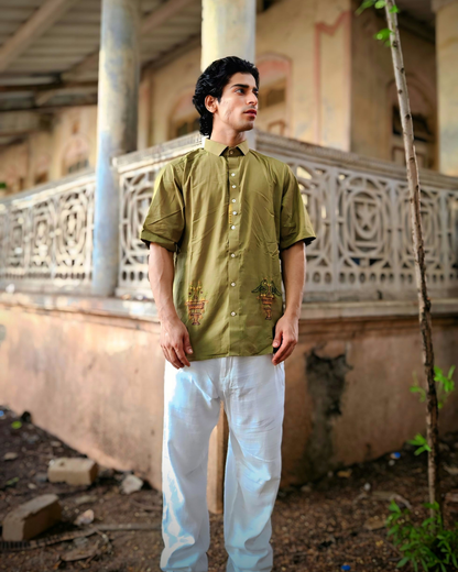 Olive Green Hand-Embroidered Love Birds Shirt – Unisex Cotton Oversized Shirt | Ramana – Threads of Purity