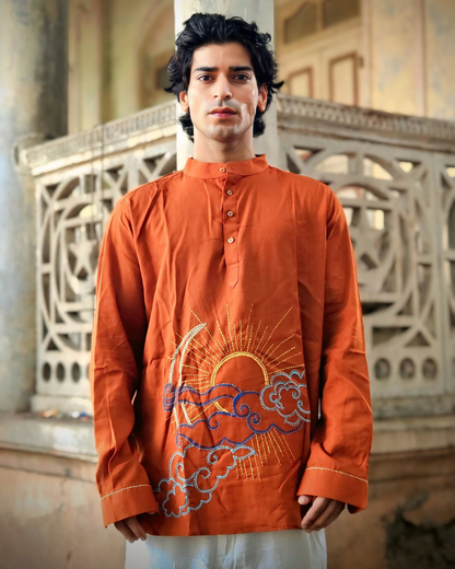 Sun & Moon Hand-Embroidered Rust Kurta – Artisan Cotton Kurta for Men | Ramana – Threads of Purity