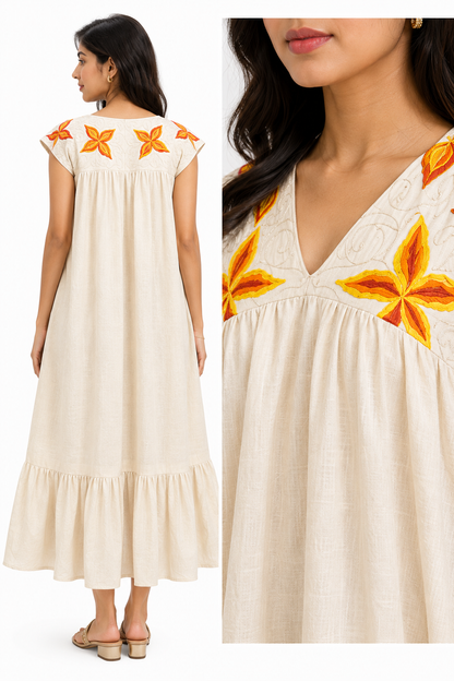 Ramana Handcrafted Khadi Cotton Embroidered Maxi Dress for Women | Ivory Bloom