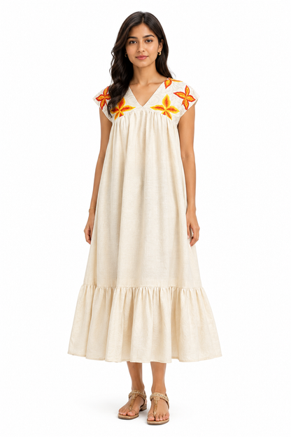 Ramana Handcrafted Khadi Cotton Embroidered Maxi Dress for Women | Ivory Bloom