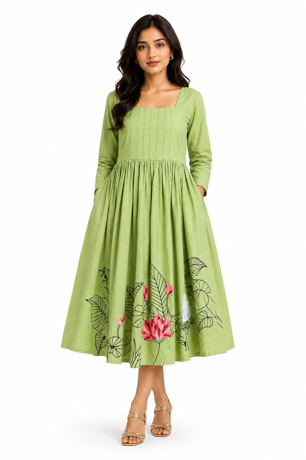 Ramana Hand-Painted Khadi Cotton Lotus Midi Dress for Women | Green Cotton Dress