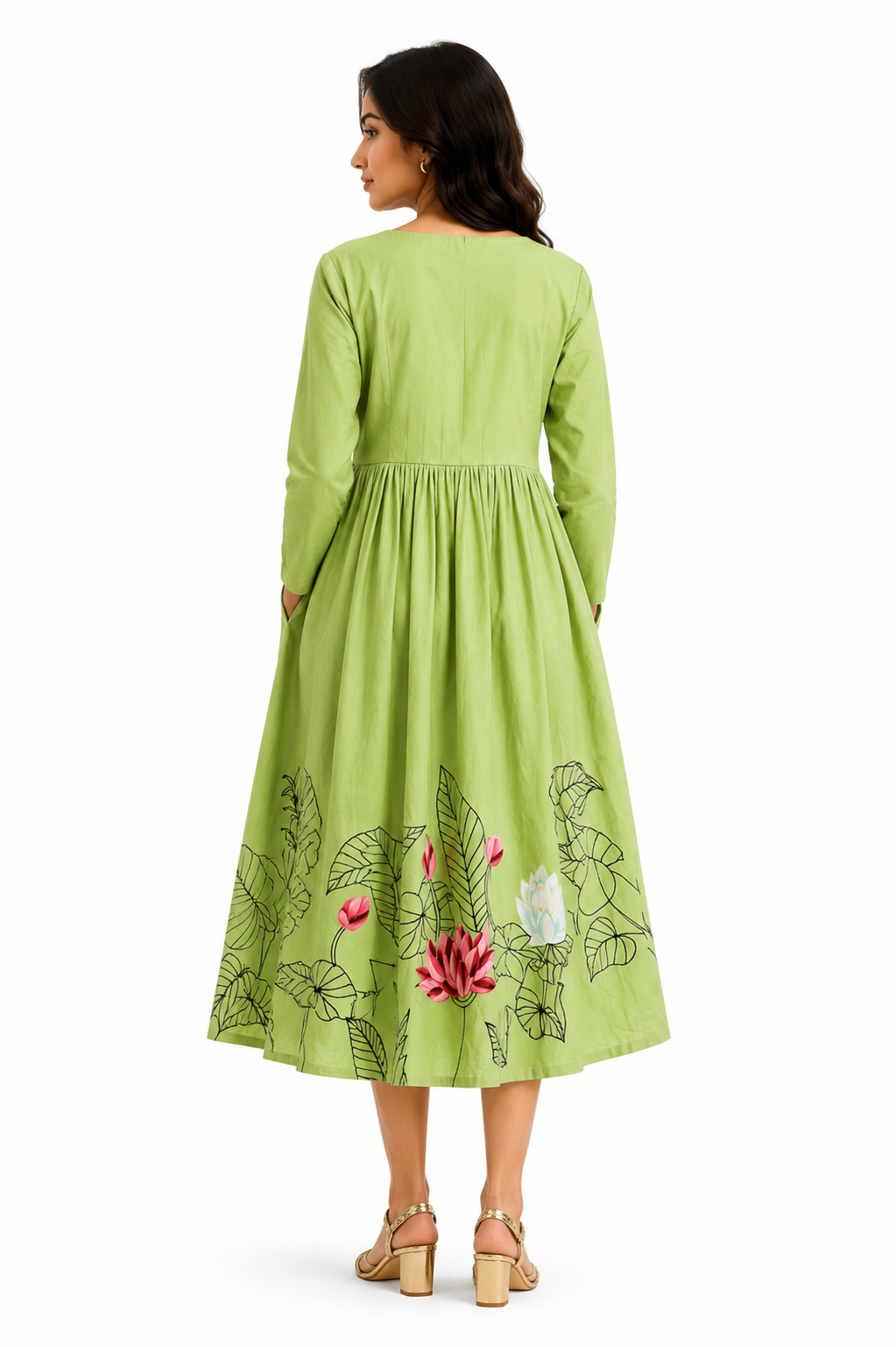 Ramana Hand-Painted Khadi Cotton Lotus Midi Dress for Women | Green Cotton Dress