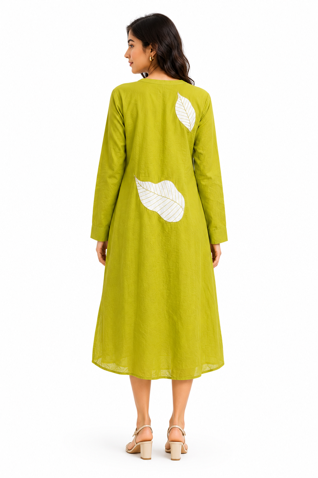 Ramana Handcrafted Khadi Cotton Leaf Appliqué Kurta for Women | Olive Green