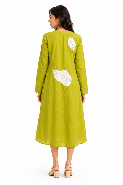 Ramana Handcrafted Khadi Cotton Leaf Appliqué Kurta for Women | Olive Green
