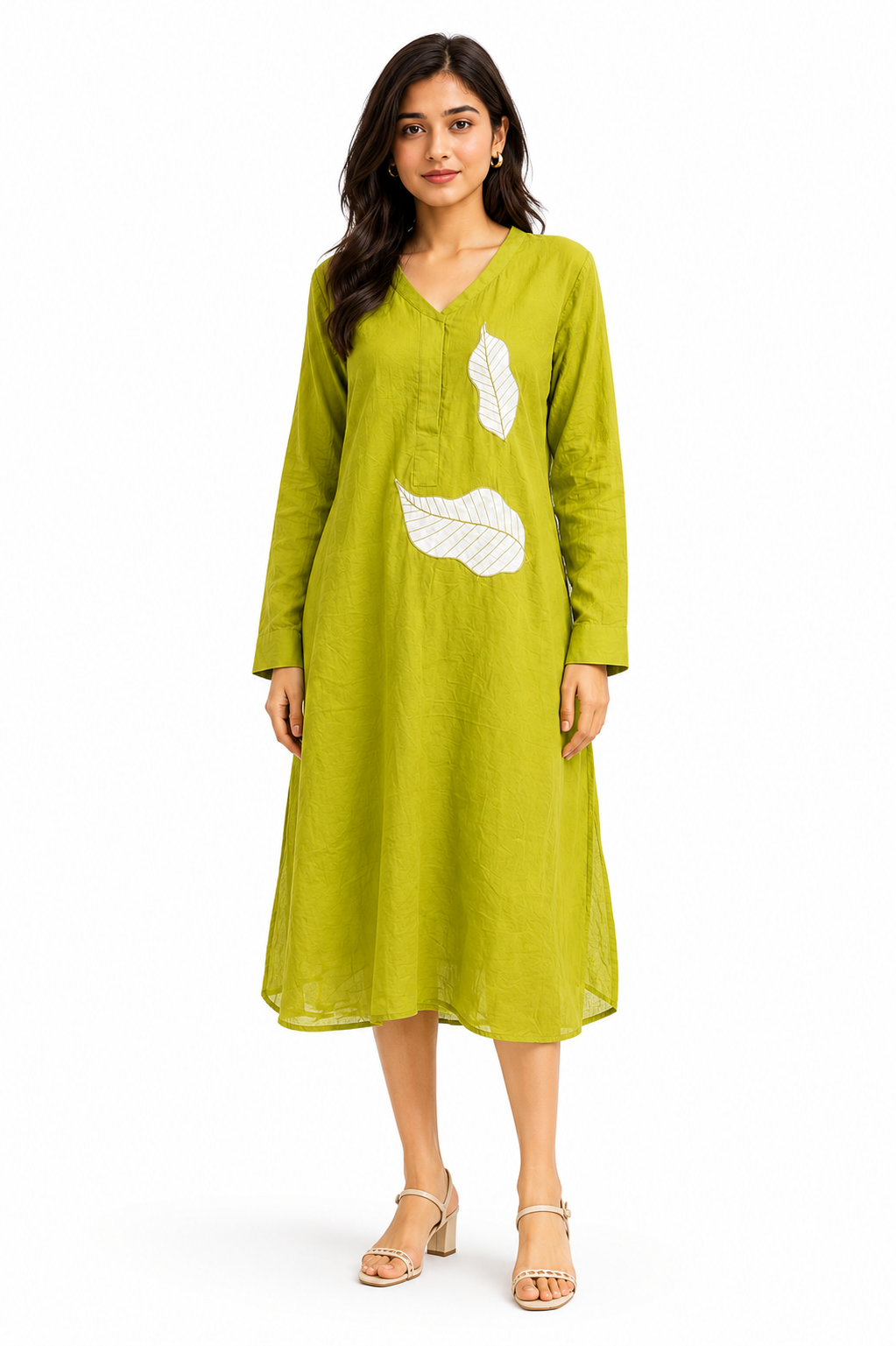 Ramana Handcrafted Khadi Cotton Leaf Appliqué Kurta for Women | Olive Green