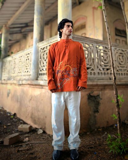 Sun & Moon Hand-Embroidered Rust Kurta – Artisan Cotton Kurta for Men | Ramana – Threads of Purity