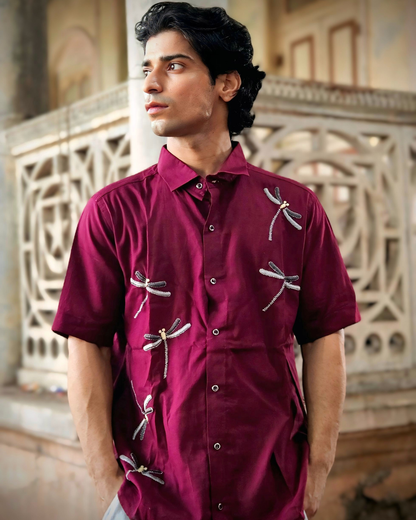 Burgundy Dragonfly Hand-Embroidered Shirt – Premium Cotton Unisex Shirt | Ramana – Threads of Purity