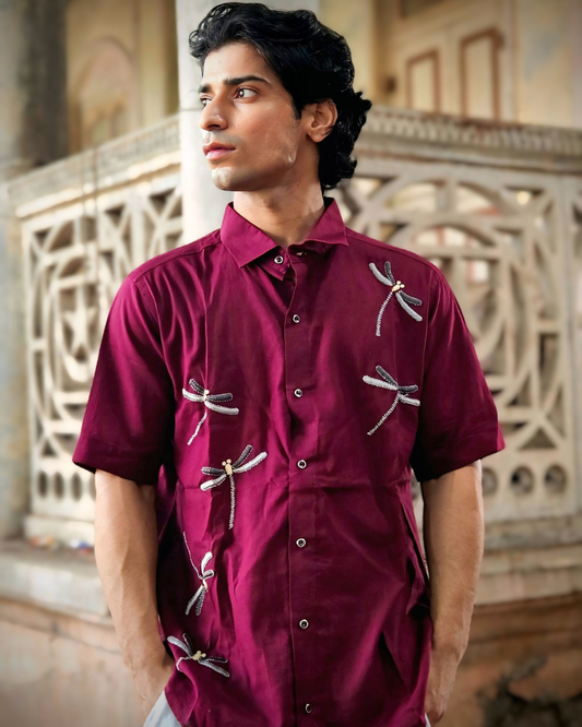Burgundy Dragonfly Hand-Embroidered Shirt – Premium Cotton Unisex Shirt | Ramana – Threads of Purity