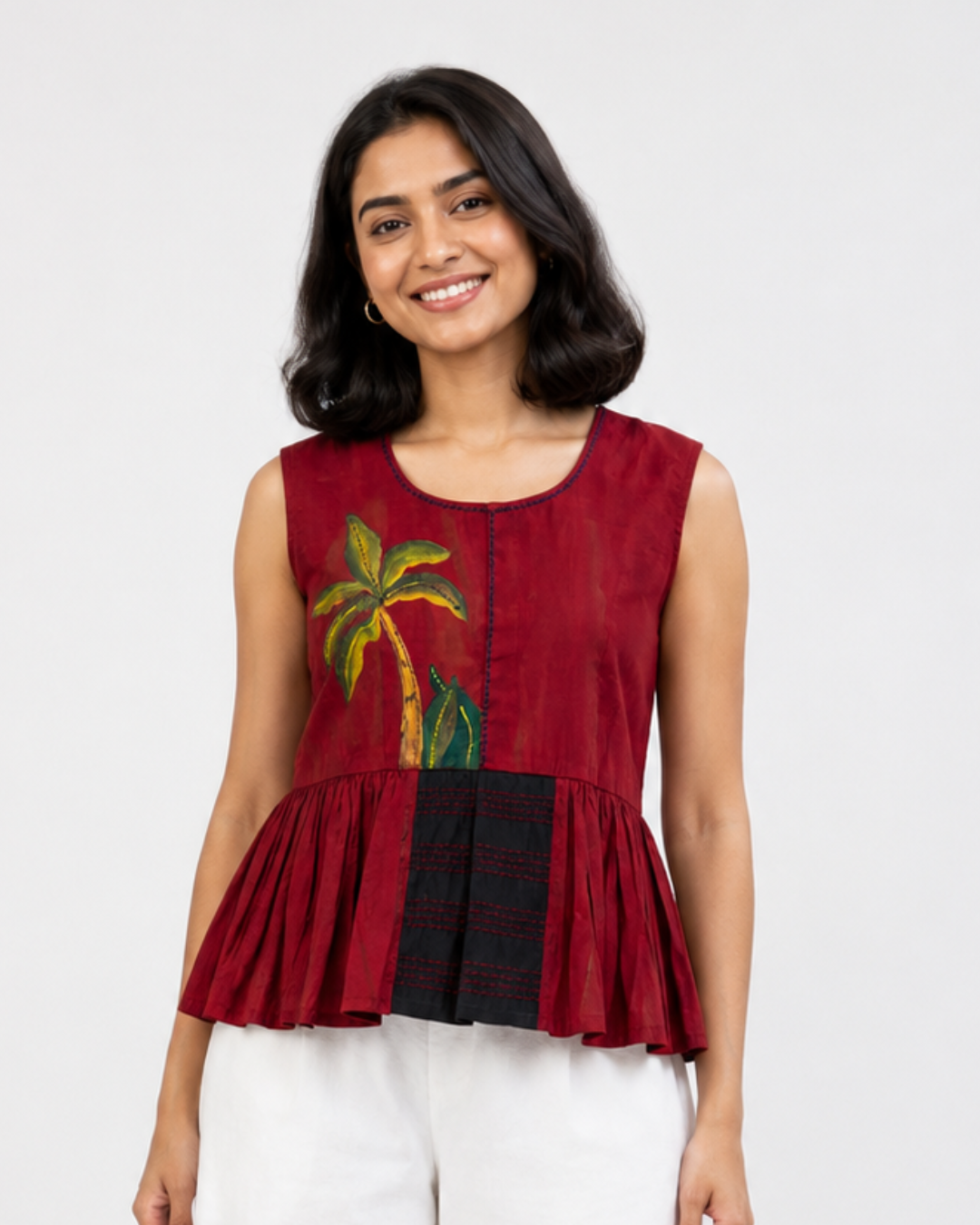 Ramana Hand-Painted Cotton Top for Women | Artistic Nature-Inspired Designer Top