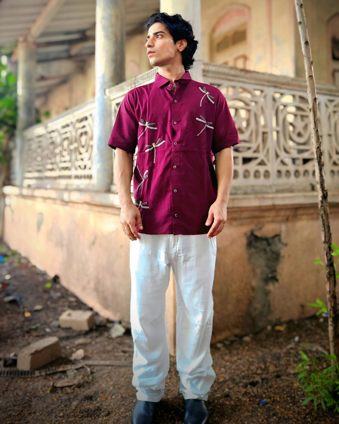 Burgundy Dragonfly Hand-Embroidered Shirt – Premium Cotton Unisex Shirt | Ramana – Threads of Purity