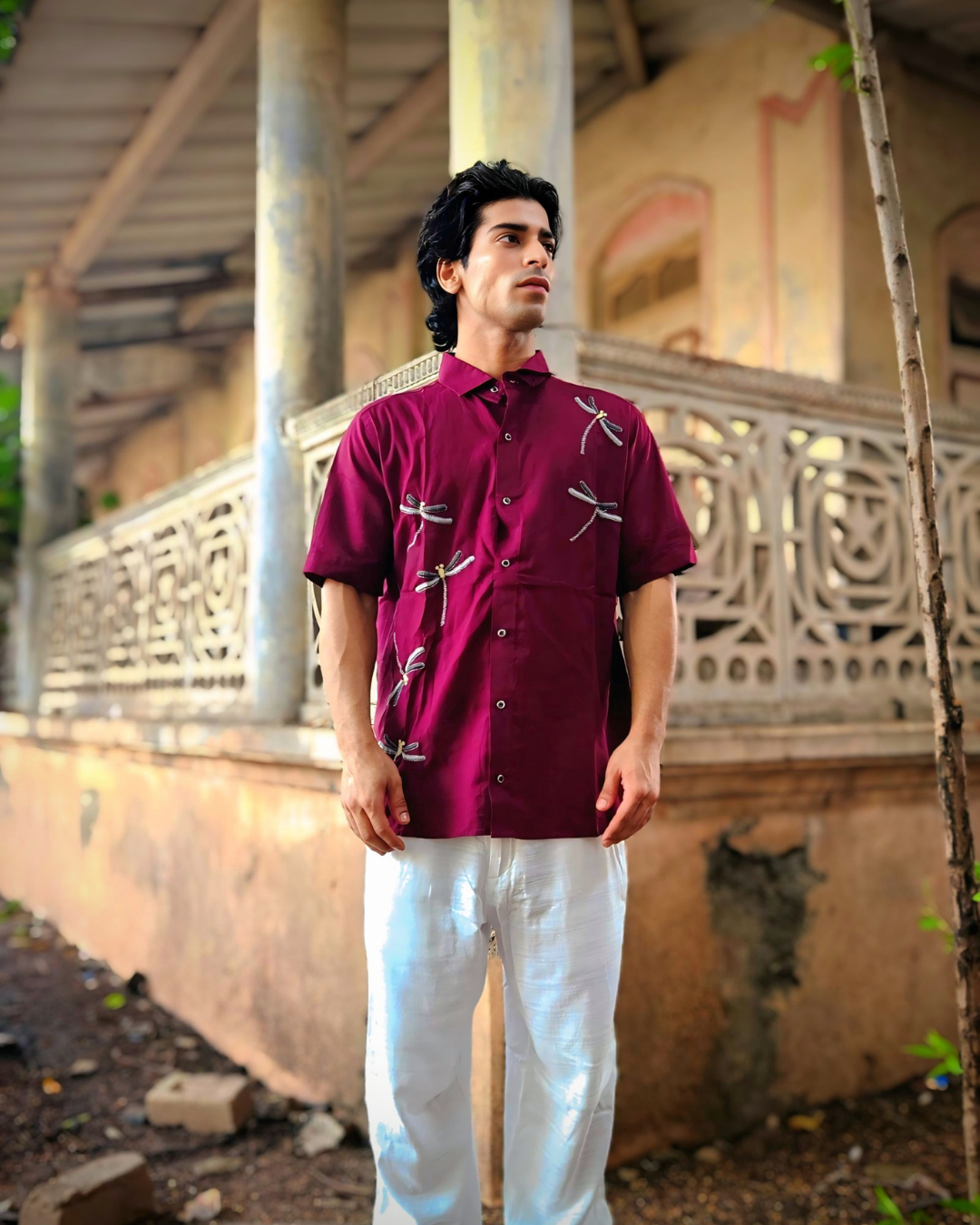 Burgundy Dragonfly Hand-Embroidered Shirt – Premium Cotton Unisex Shirt | Ramana – Threads of Purity