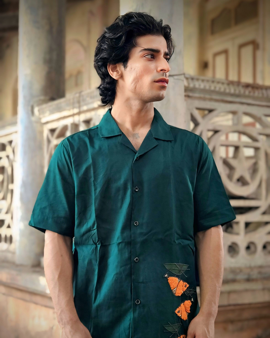 Bottle Green Hand-Embroidered Linen Shirt | Premium Artisan Men's Shirt | Ramana Threads of Purity