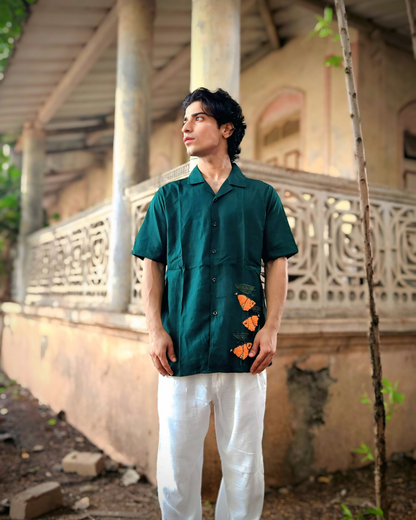 Bottle Green Hand-Embroidered Linen Shirt | Premium Artisan Men's Shirt | Ramana Threads of Purity
