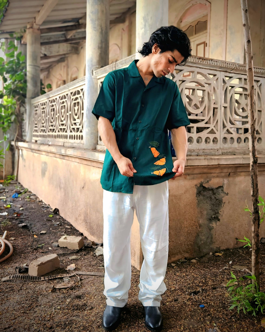 Bottle Green Hand-Embroidered Linen Shirt | Premium Artisan Men's Shirt | Ramana Threads of Purity