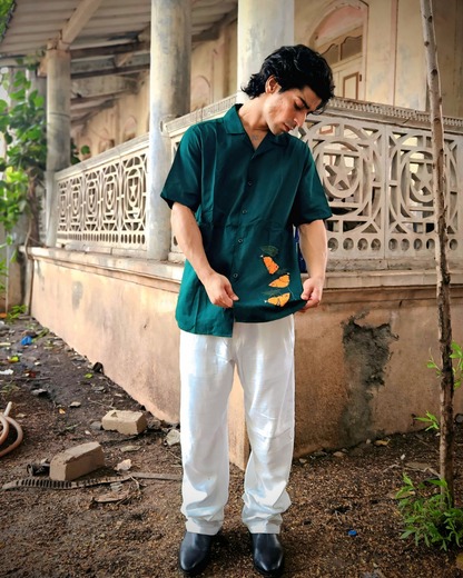Bottle Green Hand-Embroidered Linen Shirt | Premium Artisan Men's Shirt | Ramana Threads of Purity