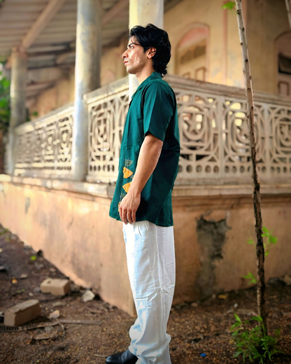 Bottle Green Hand-Embroidered Linen Shirt | Premium Artisan Men's Shirt | Ramana Threads of Purity