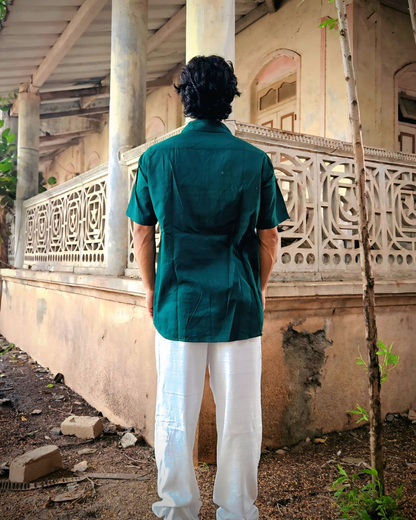 Bottle Green Hand-Embroidered Linen Shirt | Premium Artisan Men's Shirt | Ramana Threads of Purity