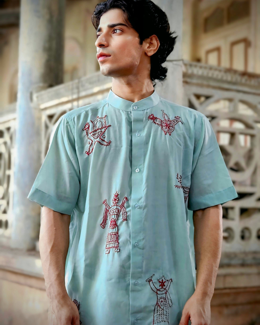 Sky Blue Warli Hand-Embroidered Shirt – Artisan Cotton Unisex Shirt | Ramana – Threads of Purity