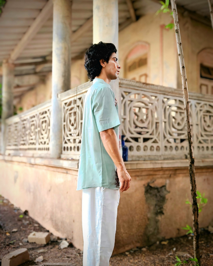 Sky Blue Warli Hand-Embroidered Shirt – Artisan Cotton Unisex Shirt | Ramana – Threads of Purity