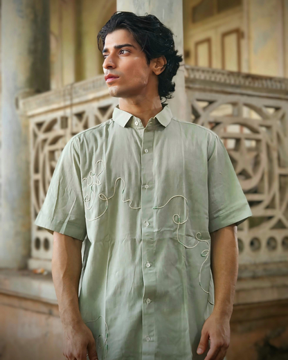 Sage Green Abstract Hand-Cord Embellished Shirt – Premium Cotton Men & Unisex Shirt | Ramana – Threads of Purity