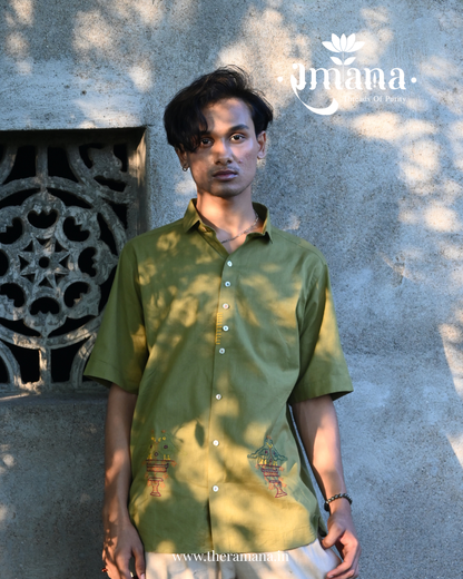 Olive Green Hand-Embroidered Love Birds Shirt – Unisex Cotton Oversized Shirt | Ramana – Threads of Purity