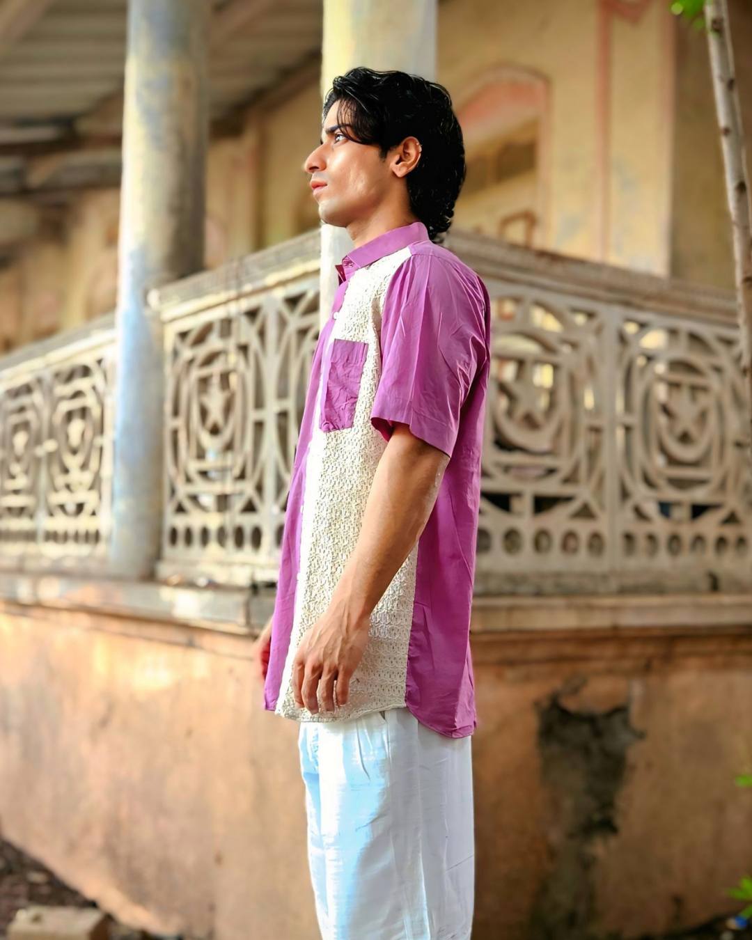 Lilac Handwoven Cotton Shirt with Knitted Panel | Premium Handcrafted Unisex Shirt | Ramana Threads of Purity