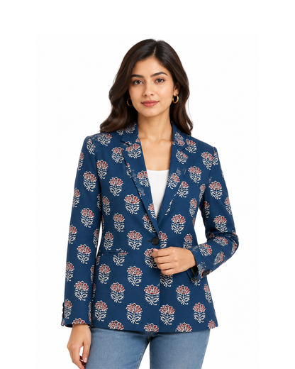 Navy Blue Floral Printed Blazer for Women | Ramana – Threads of Purity