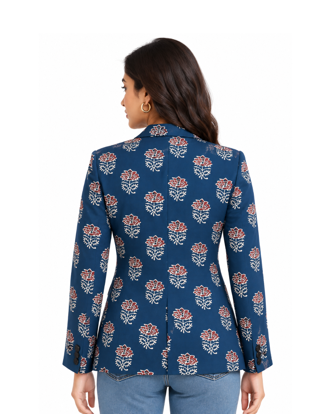 Navy Blue Floral Printed Blazer for Women | Ramana – Threads of Purity