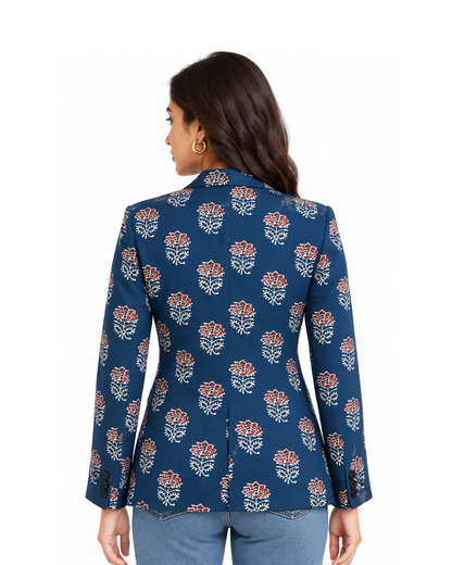 Navy Blue Floral Printed Blazer for Women | Ramana – Threads of Purity