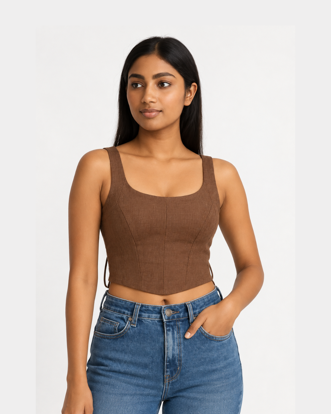 Earthy Brown Lace-Up Corset Top for Women | Ramana Threads of Purity