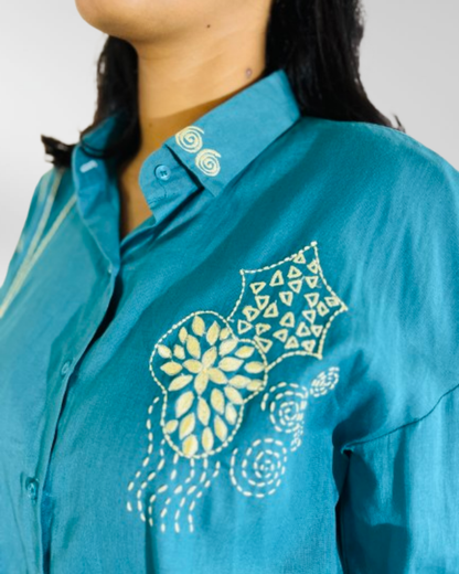 Ramana Aqua Roma Embroidered Cotton Shirt – Elegant Women’s Wear