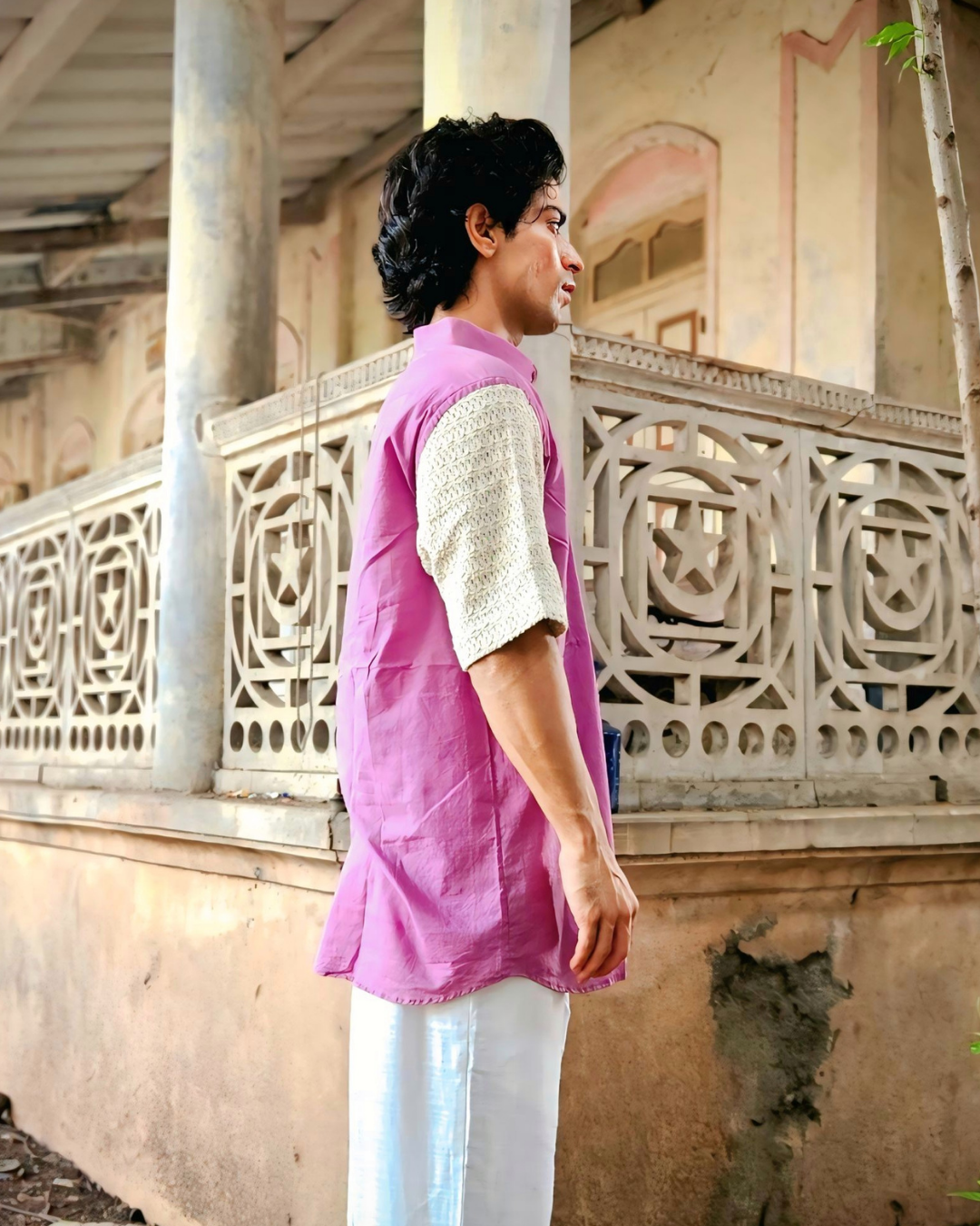 Lilac Handwoven Cotton Shirt with Knitted Panel | Premium Handcrafted Unisex Shirt | Ramana Threads of Purity