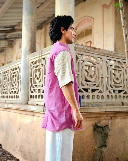 Lilac Handwoven Cotton Shirt with Knitted Panel | Premium Handcrafted Unisex Shirt | Ramana Threads of Purity