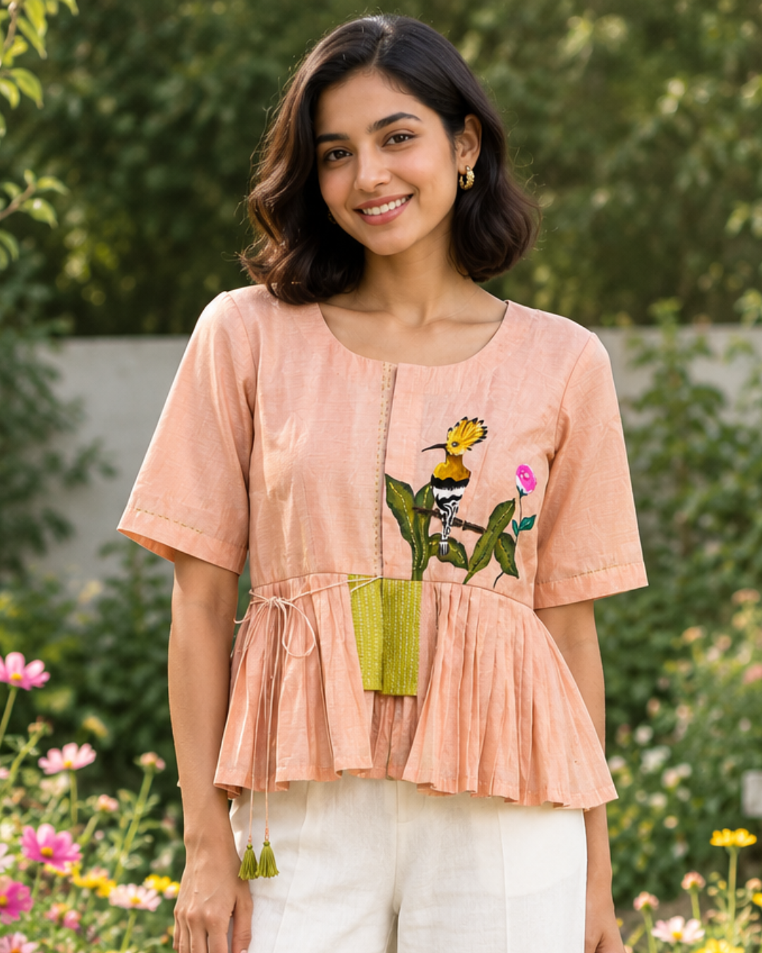 Ramana Hand-Painted Tropical Bird Peplum Top