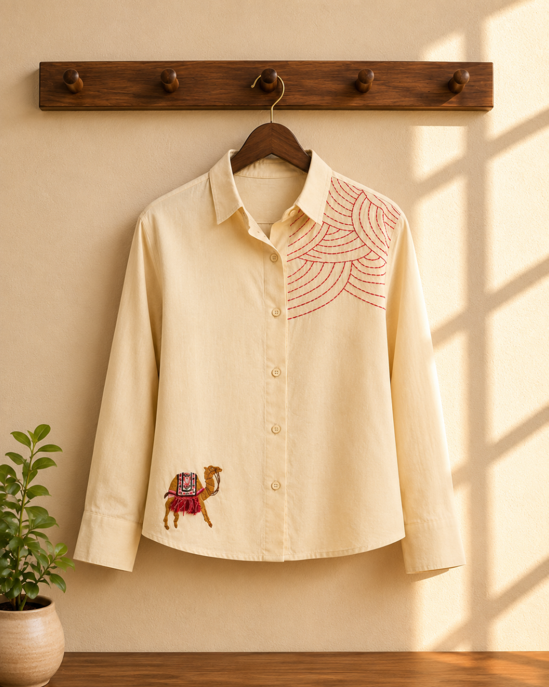 Ramana Camel Caravan Embroidered Cotton Shirt for Women | Premium Designer Wear India