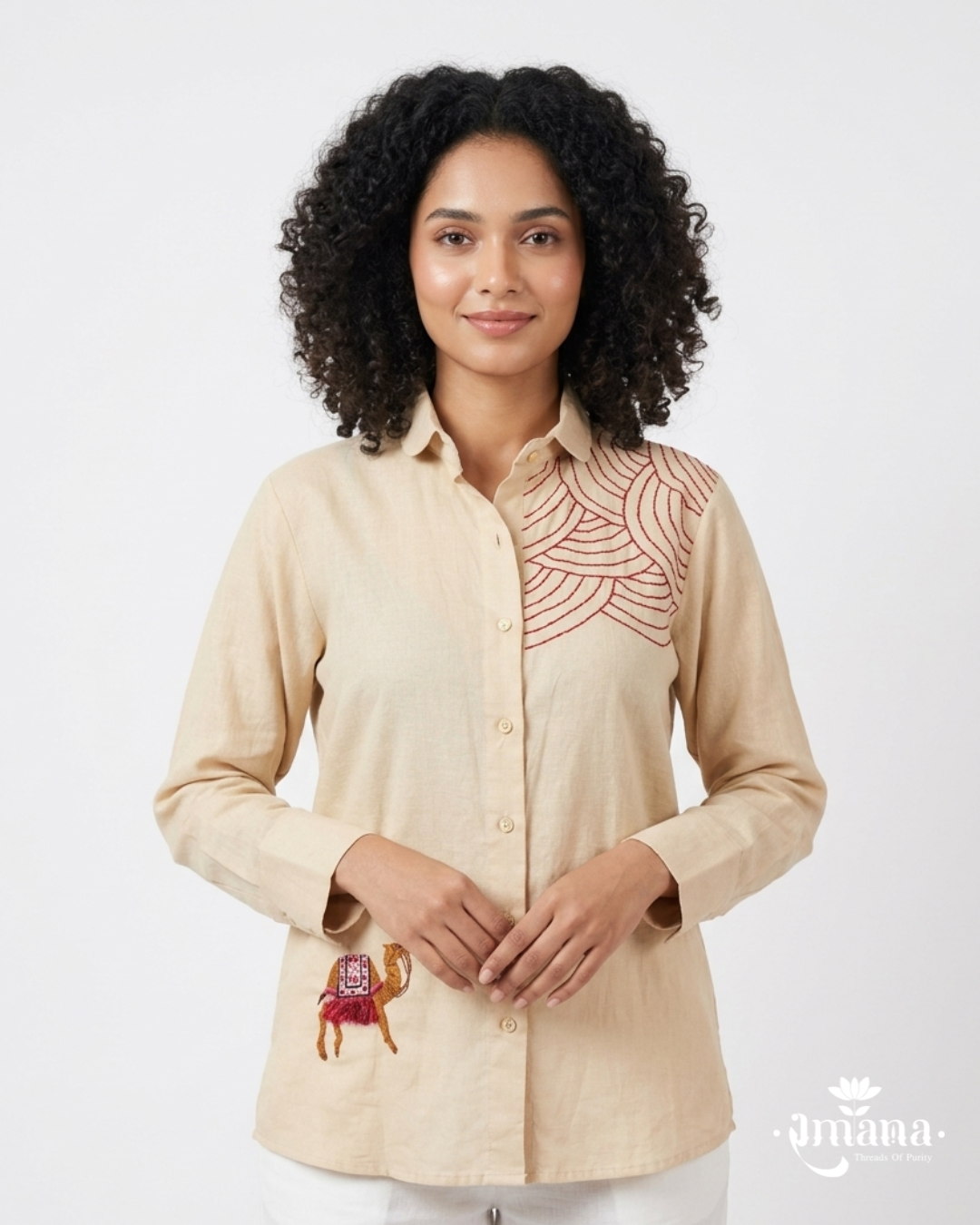 Ramana Camel Caravan Embroidered Cotton Shirt for Women | Premium Designer Wear India