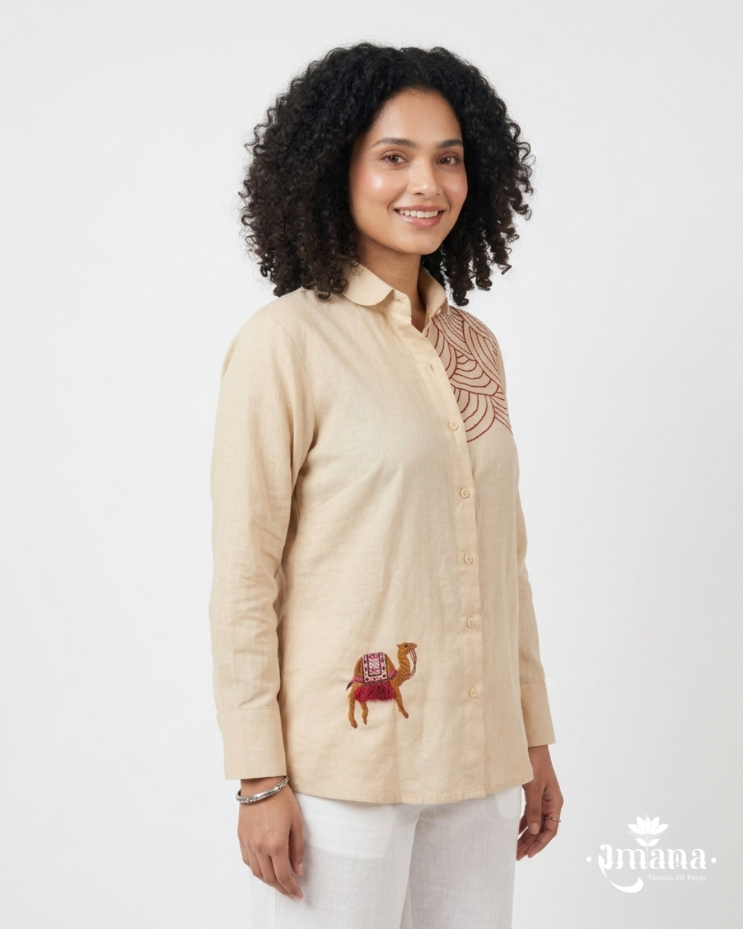 Ramana Camel Caravan Embroidered Cotton Shirt for Women | Premium Designer Wear India